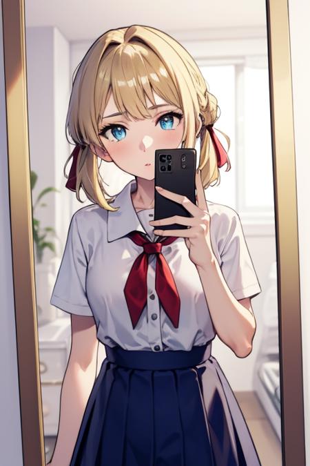 02637-526510736-,1girl, mirror, selfie, holding phone, school uniform,  ,blonde hair, hair ribbon, blue eyes,.png